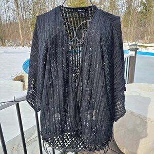 Relativity, Black open front cardigan shawl with tassel trim, size L, EUC